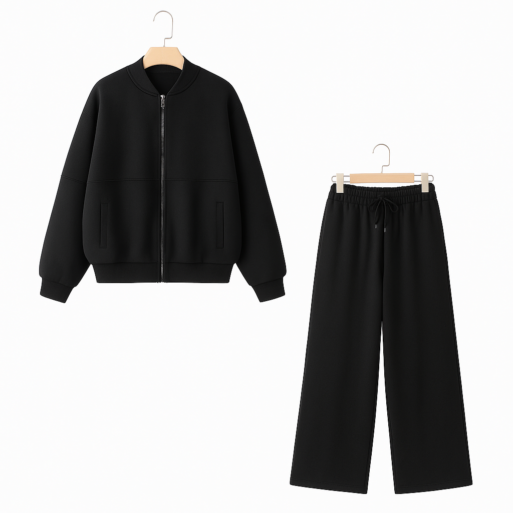 Bomberjack met rits en flanellen broek met hoge taille